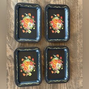 Set of 4 Vintage MCM Floral Black & Gold Metal Toleware Decorative Mini Trays